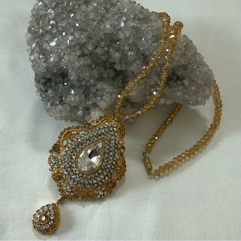 Gold Tone Statement Pendant Necklace with Crystals | 19” | Vintage Style